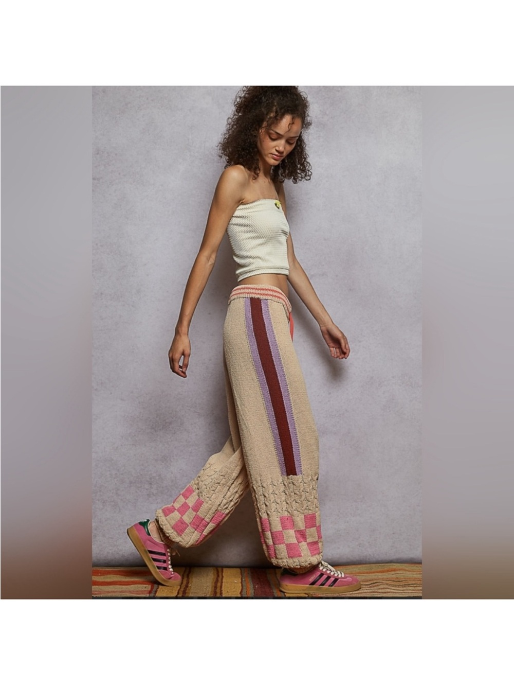 NWOT POL L Crochet Patchwork Wide-Leg Pants in Beige and Pink - Picture 5 of 5